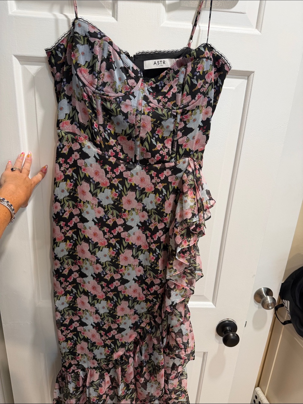ASTR Black Floral Ruffle Midi Dress - Pink & Green Flowers